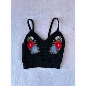 American Eagle Outfitters Knit Embroidered Flower Crop Top, Black, Size XS